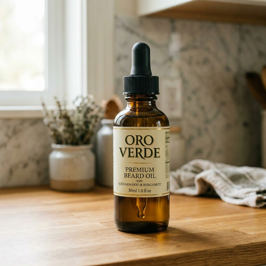 Bottle of Oro Verde extra virgin olive oil, 750ml, on kitchen counter